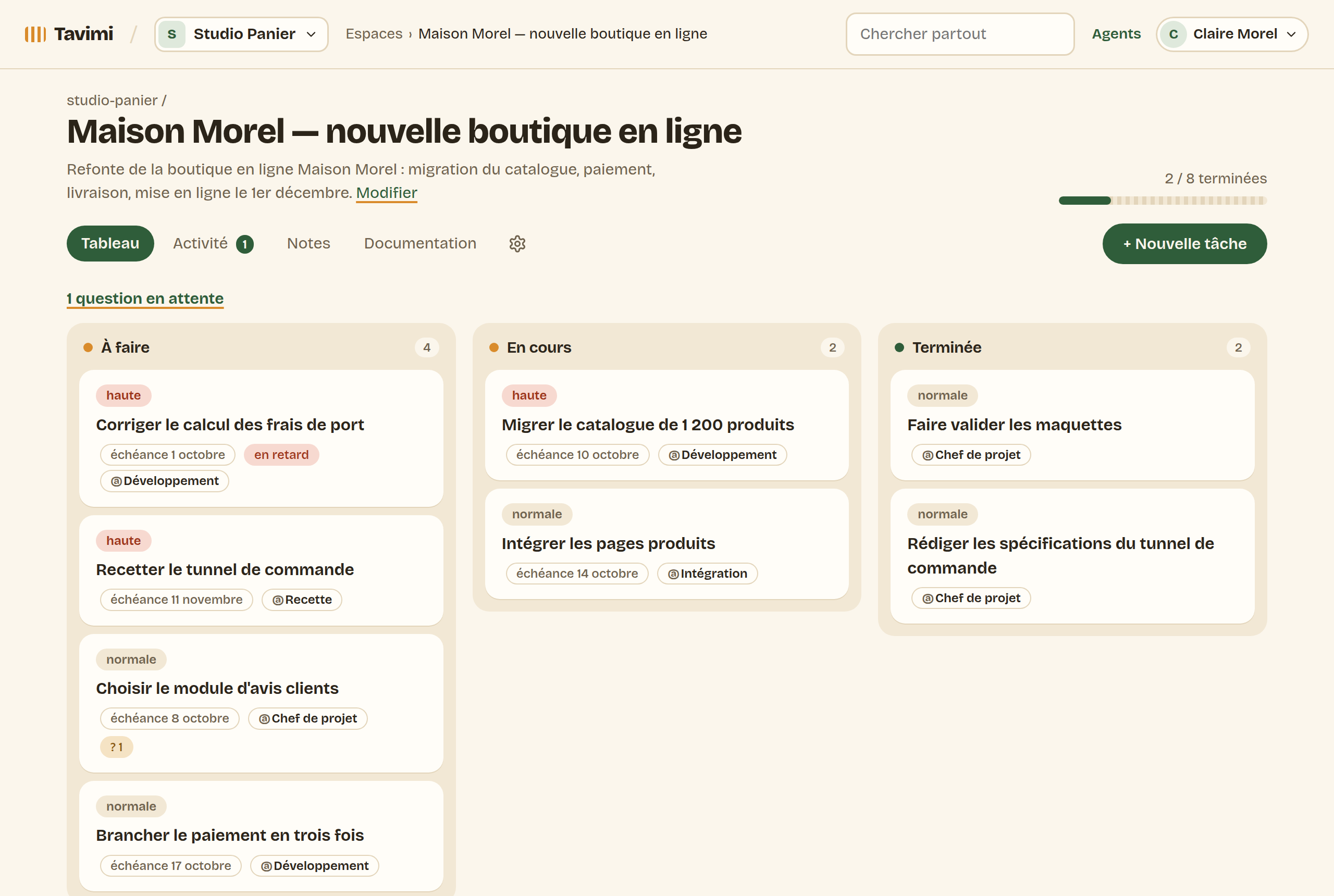 L'espace « Maison Morel — nouvelle boutique en ligne » de Studio Panier : migration, paiement, livraison, intégration et recette, confiés aux postes Chef de projet, Développement, Intégration et Recette.